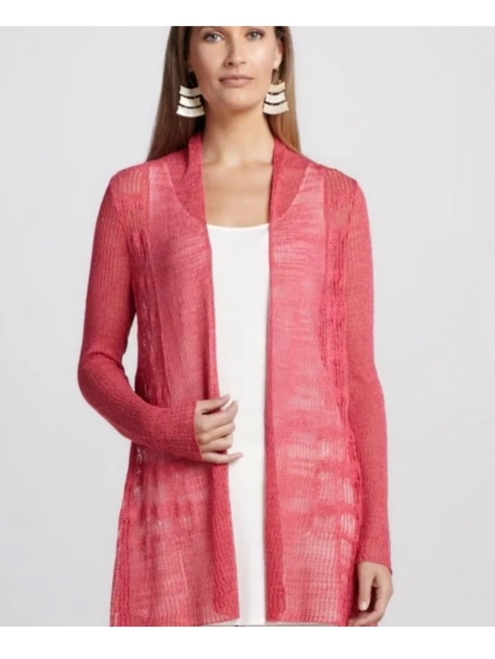 Eileen Fisher Open-Front Coral Knit Cardigan